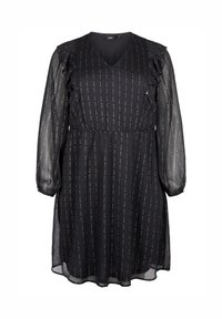 Svart klänning med v-ringning, långa genomskinliga ärmar och volangdetaljer. Har guldmetalliska vertikala ränder och resår i midjan.