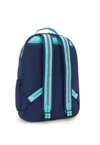 Marineblauwe rugzak met turquoise accenten, voorzien van twee gewatteerde schouderbanden, een bovenhandgreep en een ritsvak in het hoofdcompartiment.