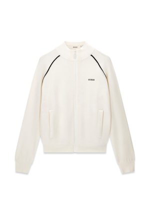 Maglione bianco con zip, bordature nere sulle spalle, polsini a costine, due tasche frontali e logo "GUESS" sul petto a sinistra.
