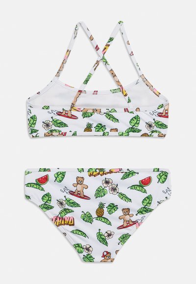 Δίπλο λευκό μαγιό με τροπικά φύλλα, ανανάδες, καρπούζια, λουλούδια και αρκουδάκια που κάνουν σερφ και φοράνε καπέλα.