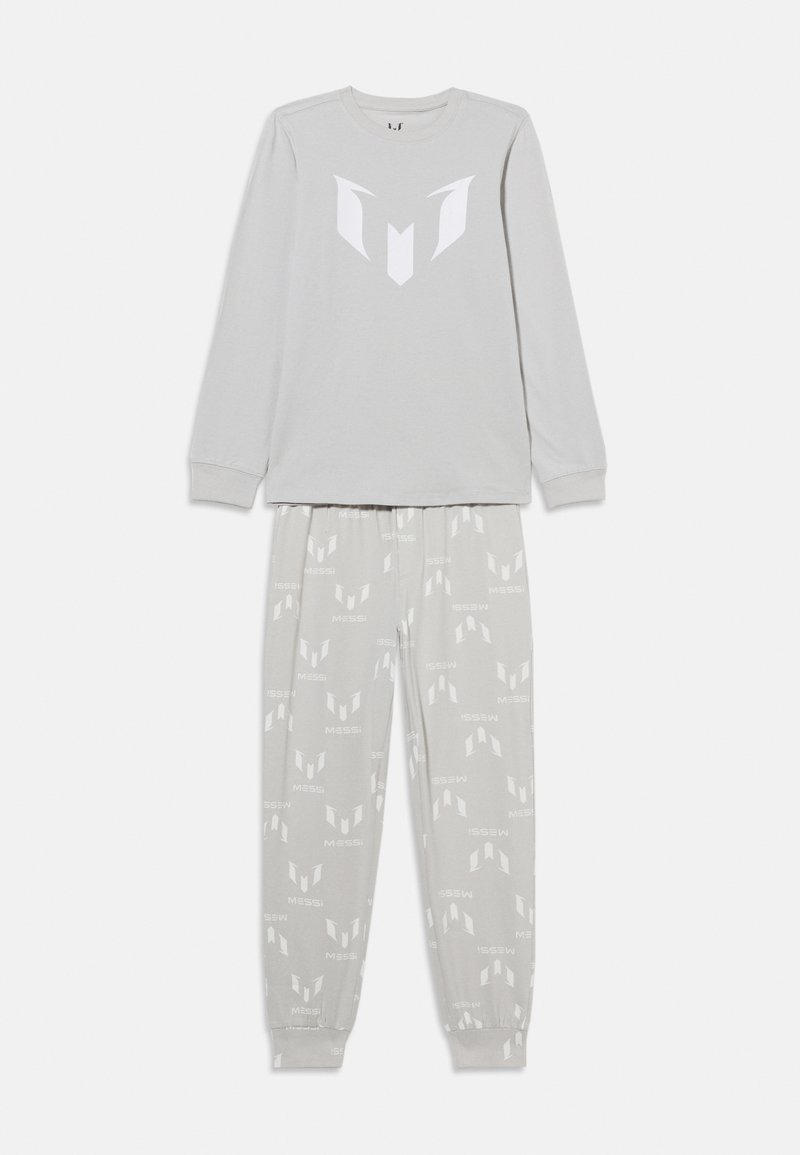 Haut à manches longues gris clair et pantalon assorti avec des logos Messi blancs imprimés sur le devant et partout sur le pantalon.