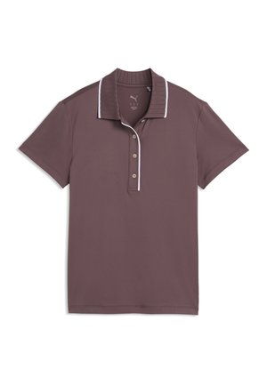 Kortærmet brun poloshirt med ribstrikket krave og hvid kant, med tre-knaps placket og Puma-logo inde ved halsudskæringen.