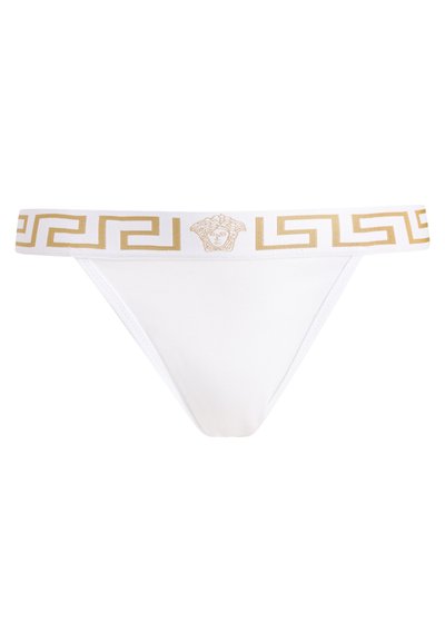 Culotte de bikini blanche avec une ceinture à motif doré présentant un design de clé grecque et l'emblème Méduse de Versace au centre.