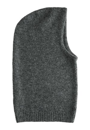 Šedý c feltový oděv s kapucí a kulatým vrškem, postranními otvory a žebrovaným spodním lemem, s měkkou texturou a minimalistickým designem.