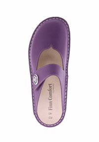 Purple leather slide sandal with a cut-out design, decorative button accent, and white stitching on the edges. Soft, cushioned insole.