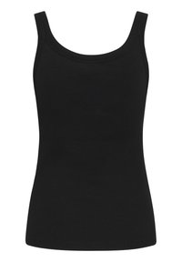 Débardeur noir sans manches en côte, avec un col rond et des côtés sans coutures, fabriqué en coton doux. Pas de motifs ni d'accents.