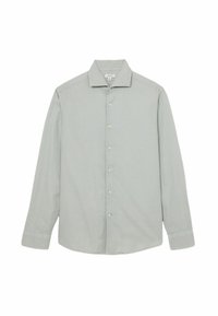 Cămașă lungă cu mânecă, de culoare gri deschis, cu guler ascuțit, închidere cu nasturi pe față și manșete cu un singur nasture; realizată dintr-un material neted.