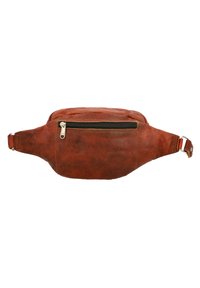 Borsa a tracolla in pelle marrone con tasca con zip frontale, forma curva e cinturino regolabile con chiusura in metallo. Texture liscia con una finitura consumata.