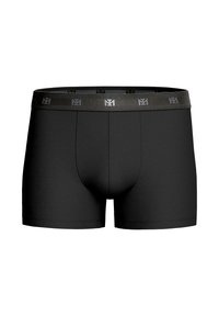 Black boxer briefs made of soft fabric, featuring a comfortable elastic waistband with a repeating logo pattern. Tailored fit.