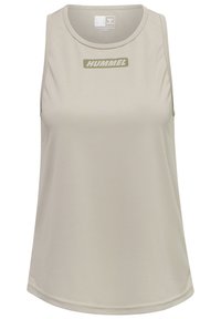 Light beige sleeveless training tank top made of soft fabric, featuring a round neck and a contrasting Hummel logo in the center.