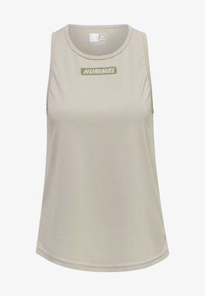 Lichtbeige mouwloze training tanktop van zachte stof, met een ronde hals en een contrasterend Hummel-logo in het midden.