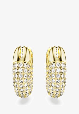 Χρυσά σκουλαρίκια με κυλινδρικό σχέδιο, διακοσμημένα με στρογγυλα διάφανα κρύσταλλα σε διάταξη πλέγματος, με γυαλιστερή φινίρισμα.