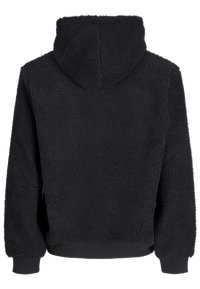 Juodas vilnonis džemperis su tekstūruota, garbanota paviršiaus, austo rankogaliais ir apačia, parodytas iš nugaros.