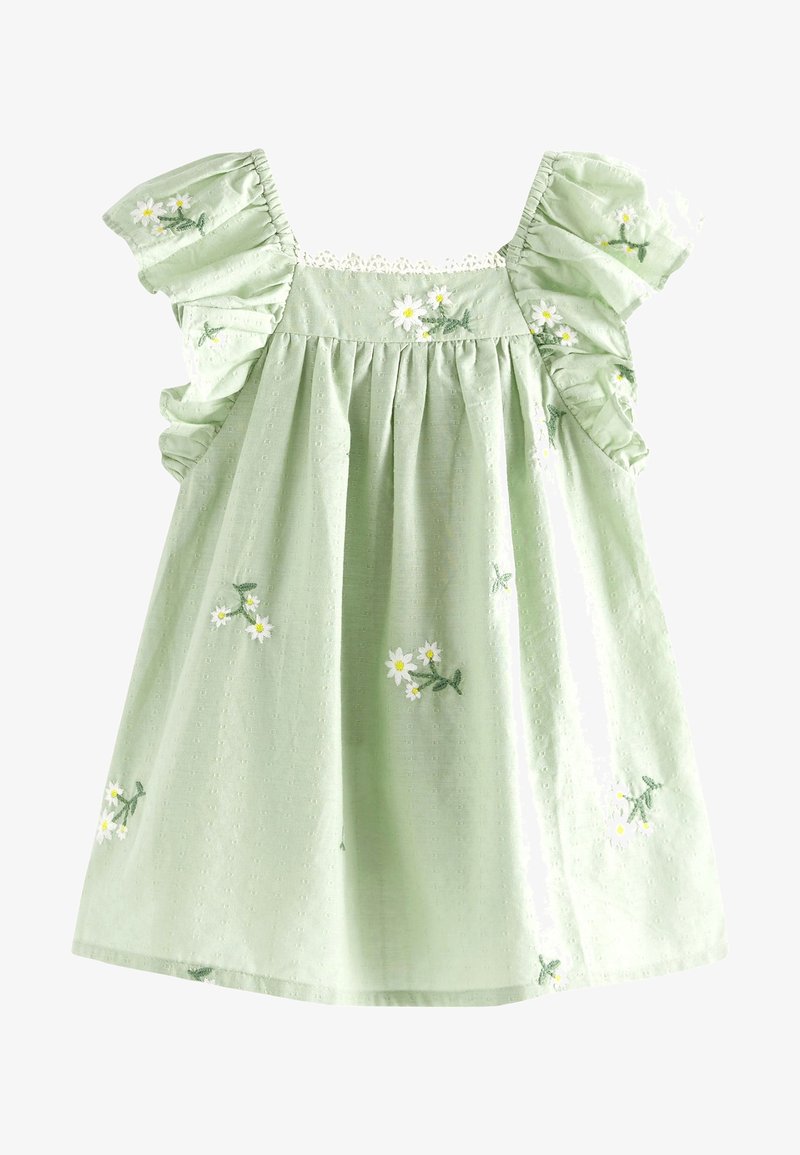 Robe en coton vert clair avec des manches à volants, des marguerites brodées, un tissu texturé et un bord en dentelle au niveau de l'encolure.