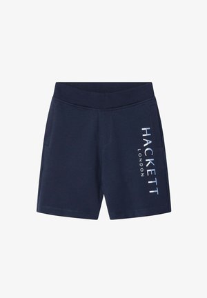 Mørkeblå shorts lavet af blød bomuldsblanding, med elastisk talje, to sidelommer og hvidt trykt logo på venstre ben.