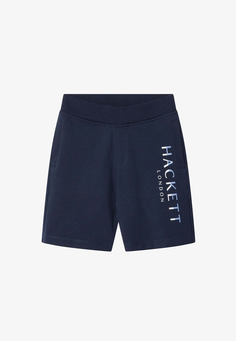 Shorts bleu marine en mélange de coton doux, avec une taille élastique, deux poches latérales et un logo imprimé blanc sur la jambe gauche.