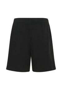 Zwarte korte broek met elastische tailleband en rechte snit, gemaakt van lichtgewicht stof, weergegeven tegen een witte achtergrond.