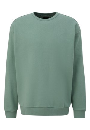 Sweatshirt vert clair en tissu doux, présentant un col rond côtelé, des manches longues et un logo discret sur le devant.