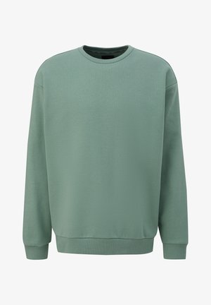 Sweatshirt vert clair en tissu doux, présentant un col rond côtelé, des manches longues et un logo discret sur le devant.