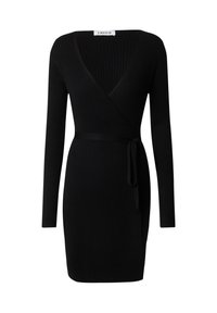 Schwarzes, geripptes Wickelkleid mit langen Ärmeln und V-Ausschnitt. Mit einem selbstgebundenen Gürtel in der Taille und einer figurbetonten Silhouette.