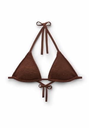Brun, struktureret trekants-bikinitop med halterneck og bindelukninger bagpå på en hvid baggrund.