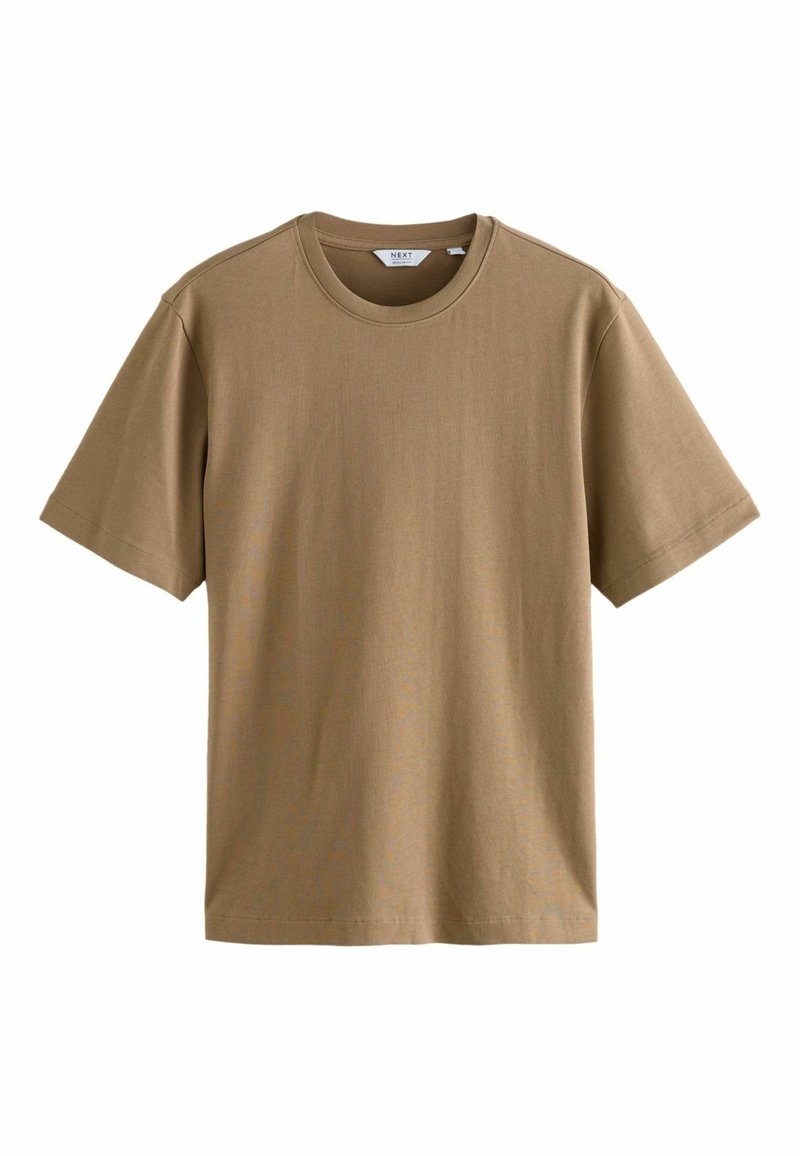 Khaki bomulds t-shirt med rund hals, korte ærmer og lige pasform. Glat tekstur og enkelt design, uden synlige mønstre eller accenter.