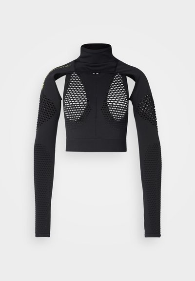 Fekete, hosszú ujjú, cropped top magas nyakkal, hálós betétekkel és texturált részletekkel az ujjakon, rugalmas anyagból készült.