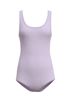 Lilac tank swimsuit with a scoop neckline and thin straps. Made from smooth fabric with a fitted silhouette and no embellishments.
