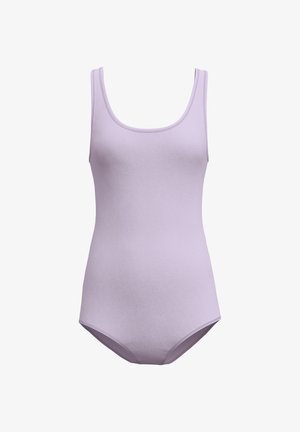 Maillot de bain tank lilas avec un décolleté arrondi et des bretelles fines. Fabriqué en tissu lisse avec une silhouette ajustée et sans ornements.