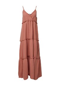 Maxikleid in staubrosa, aus leichtem Stoff gefertigt, mit V-Ausschnitt, dünnen Trägern und schichtweise Rüschensaum.