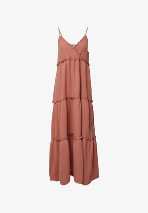 Maxi jurk in stofroze, gemaakt van lichtgewicht materiaal, met een v-hals, dunne bandjes en gelaagde ruches aan de onderkant.