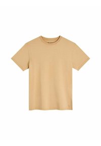 T-shirt en coton kaki à manches courtes, col rond et texture douce. Présente un design uni sans motifs ni accents supplémentaires.