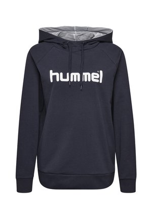 Sudadera con capucha azul marino con logo blanco "hummel", cordones delanteros y forro de malla gris en el interior de la capucha.