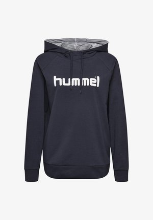 Sudadera con capucha azul marino con logo blanco "hummel", cordones delanteros y forro de malla gris en el interior de la capucha.