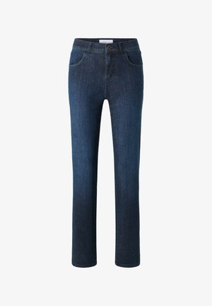 Mørkeblå jeans med lige ben design, lavet af denim. Har fem lommer og lukning med knap foran. Usynlig syning er synlig.