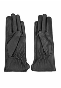Czarne rękawiczki skórzane o gładkiej fakturze, wyprofilowanym kształcie i marszczonym detalu na nadgarstku; elegancki, prosty design.