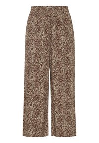 Brązowe spodnie culotte w luźny wzór w cętki z elastyczną talią, z kremowym tłem i rozsianymi ciemno-brązowymi plamkami, charakteryzujące się swobodnym krojem.