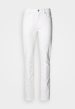 Biele rifľové džínsy s priamym strihom nohavíc, so zipsovým zapínaním, piatimi vreckami a jedným gombíkom na zapínanie.