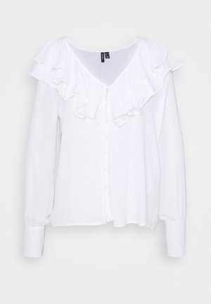 Biała bluzka z falbanianym kołnierzem, zapięciem na guziki z przodu oraz długimi rękawami zakończonymi mankietami na guziki. Wykonana z lekkiego materiału. Lekko luźny krój.