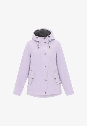 Helle lavendelfarbene wasserdichte Jacke mit Kapuze, silbernen Hardware, zwei Fronttaschen und grauem Fleece-Futter. Mit verstellbaren Kordeln.