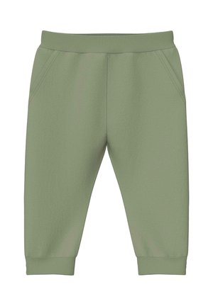Lichtgroene peuter joggingbroek met elastische tailleband, zijzakken en boorden bij de enkels.