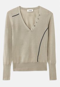 Heleda V-kaelusega kootud kampsun heleses bees, millel on tumesinised aktsendid ja viis nööpi ees, pikad varrukad ja soonikpits. 