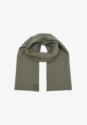 Écharpe en tricot dans un vert atténué, présentant un motif en diamants texturé et des extrémités côtelées. Comprend une petite étiquette de marque rectangulaire.
