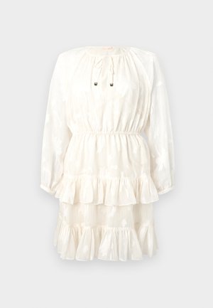 Bela obleka z dolgimi rokavi, okroglo izreza, z vezanjem in večplastnim volanastim spodnjim delom. Cvetlični vzorec vtisnjen na teksturirani tkanini.