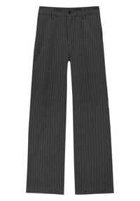 Pantalon tailleur gris foncé à fines rayures, avec boutons à l'avant et passants pour ceinture, coupe droite.