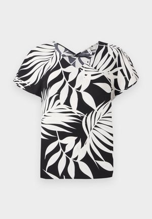 Schwarze Kurzarmbluse mit weißem Blattformmuster, ausgestattet mit einem V-Ausschnitt und strukturiertem Stoff.