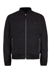 Veste bomber noire avec fermeture éclair argentée intégrale, col et poignets côtelés, deux poches latérales zippées et petit logo brodé sur la poitrine.