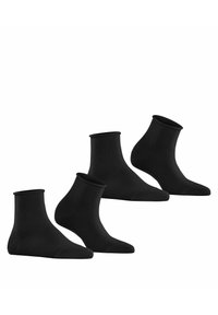 Czarne skarpetki do kostek wykonane z miękkiego, elastycznego materiału; pokazane trzy pary o gładkiej fakturze i prążkowanych mankietach.