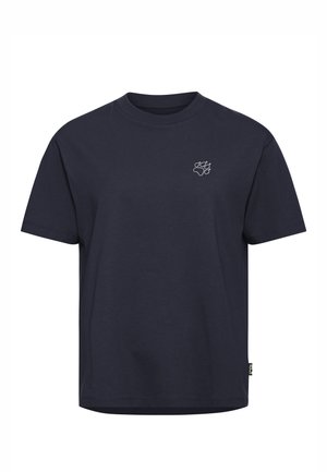 Marineblaues Baumwoll-T-Shirt mit Rundhalsausschnitt, kurzen Ärmeln und einem kleinen weißen Pfotenabdruck auf der linken Brust. Klassische Passform, minimalistisches Design.