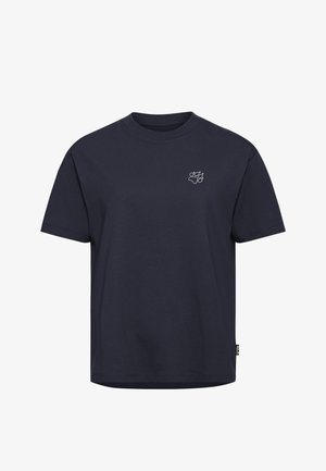 Marineblaues Baumwoll-T-Shirt mit Rundhalsausschnitt, kurzen Ärmeln und einem kleinen weißen Pfotenabdruck auf der linken Brust. Klassische Passform, minimalistisches Design.